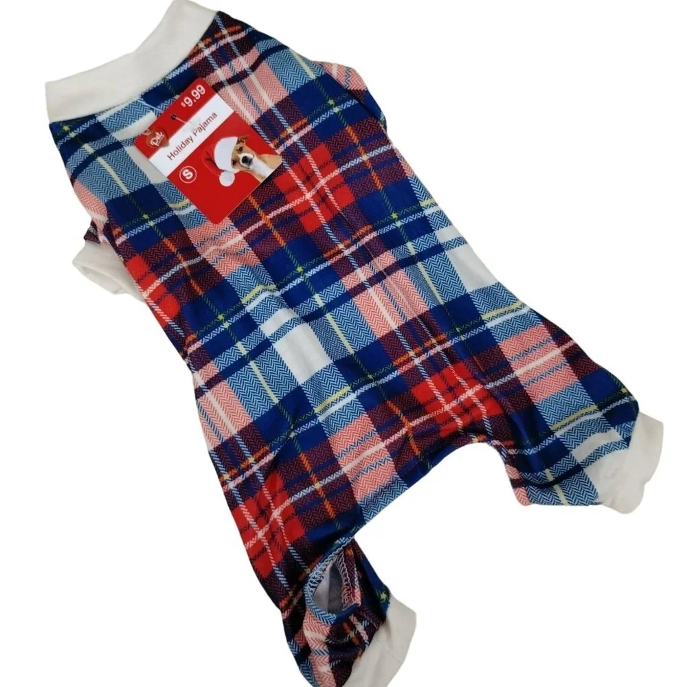 Pet Central Dog Small 10 inch Holiday Pajamas Blue and White Plaid